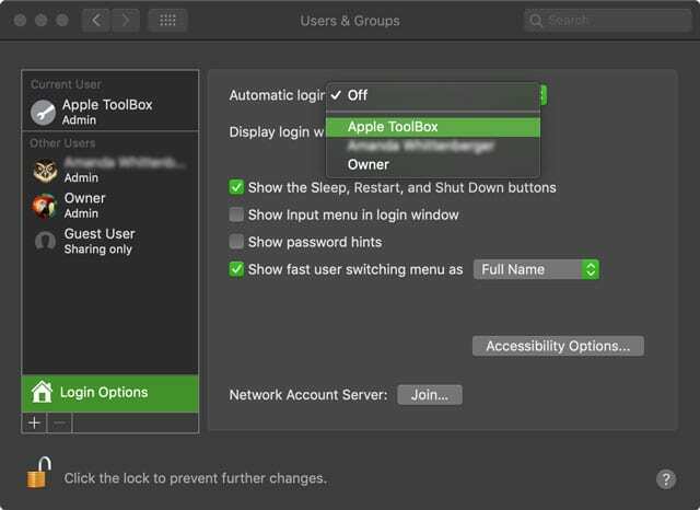automatické přihlášení pro Mac pomocí předvoleb systému macOS pro uživatele a skupiny