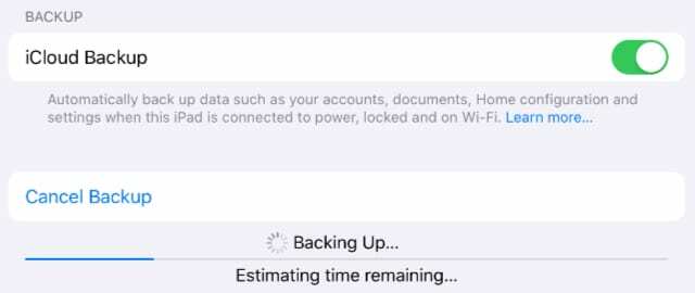 يتم نسخ iPad احتياطيًا إلى iCloud ، ويظهر شريط تقدم النسخ الاحتياطي