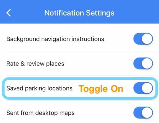 Ative a configuração do aplicativo Google Maps para locais de estacionamento salvos