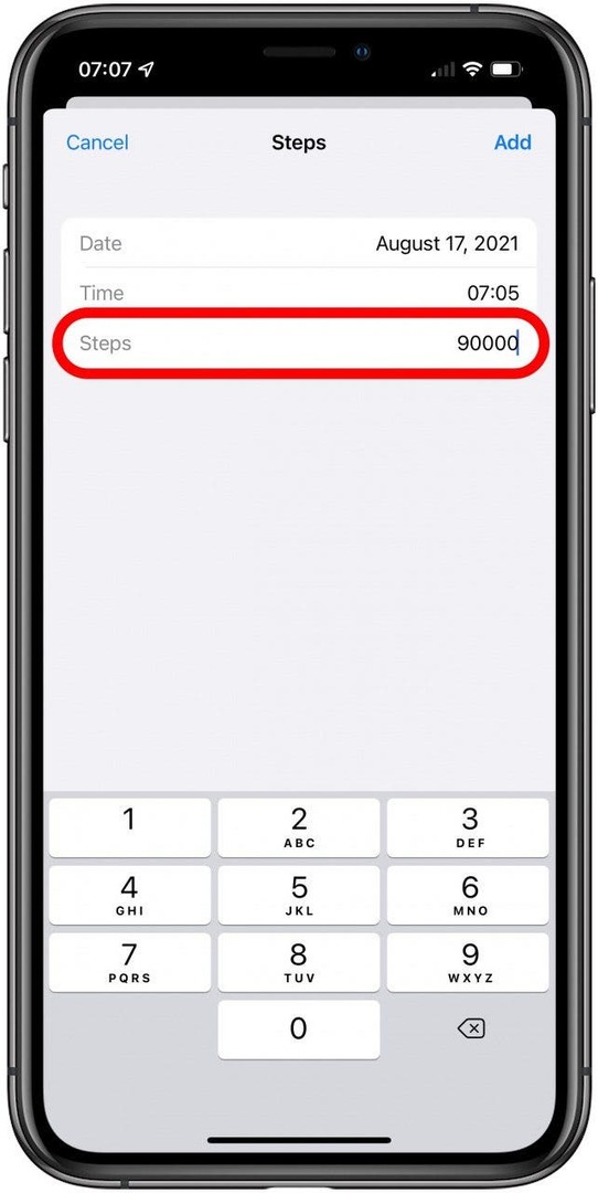 Upišite broj koraka koji želite dodati. Također možete promijeniti datum i vrijeme vašeg unosa.