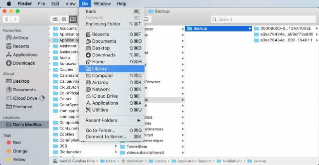 โฟลเดอร์ไลบรารีใน Finder ที่แสดงข้อมูลสำรอง iTunes