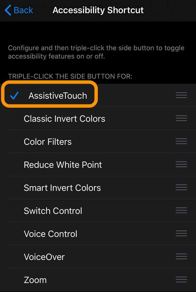 seleccione AssistiveTouch como su atajo de accesibilidad