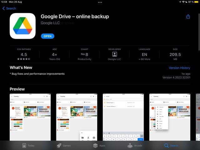 צילום מסך של אפליקציית Google Drive ב-App Store