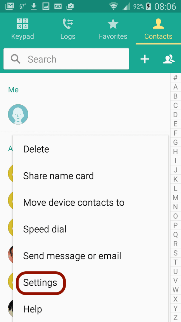 Paramétrage dans les contacts Android