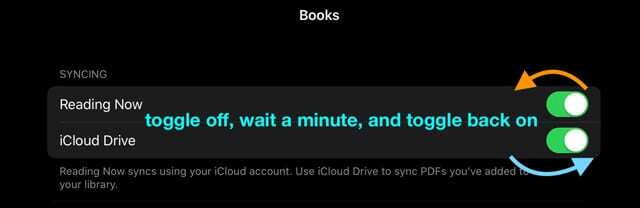 כבה והפעל כעת את Apple books iCloud Drive and Reading
