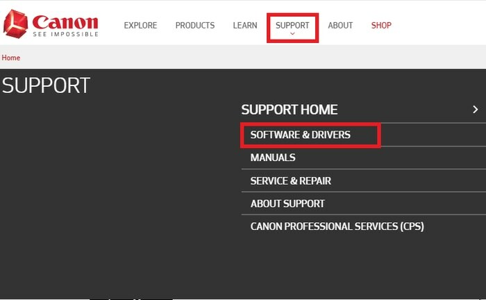 Escolha software e drivers na guia Suporte do site oficial da Canon