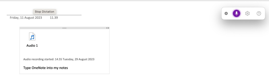 Capture d'écran de l'enregistrement de dictée OneNote