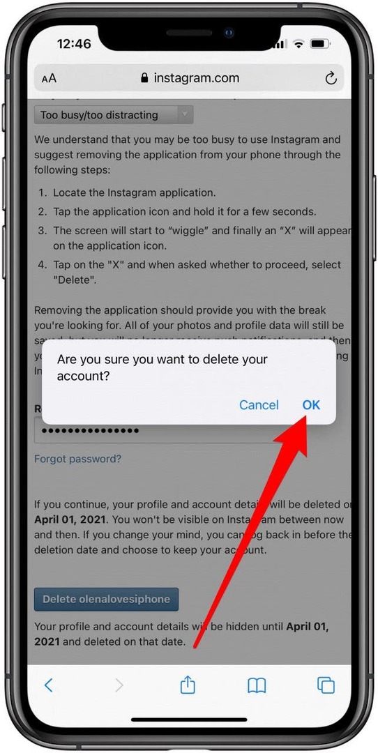 Vahvista Instagram-tilisi poistaminen.