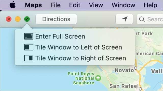 Opções de tela dividida a partir do botão verde nas janelas do Mac