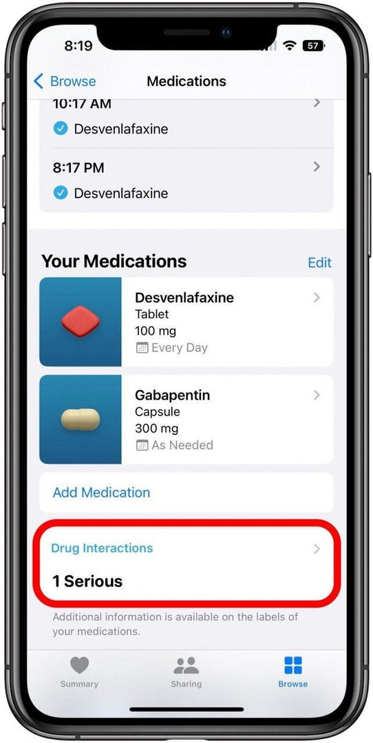 Health-App auf dem Bildschirm „Medikamente“ mit dem Kästchen, das anzeigt, dass eine Interaktionswarnung markiert ist.