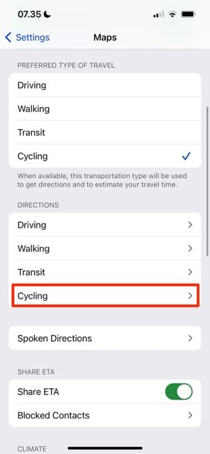 Riteņbraukšanas iestatījumi Apple Maps iOS ekrānuzņēmums