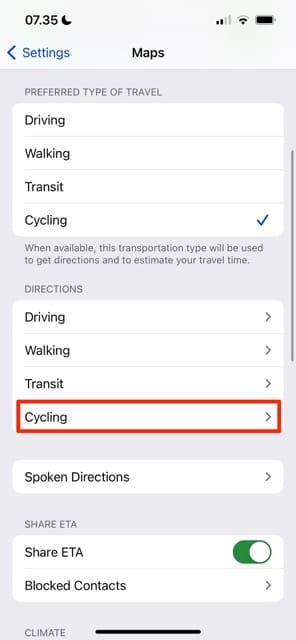 Nastavení cyklistiky Snímek obrazovky Apple Maps iOS