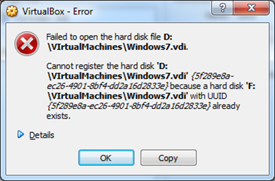 VirtualBox ni uspelo odpreti datoteke trdega diska. Navideznega trdega diska ni mogoče registrirati, ker disk z istim UUID že obstaja