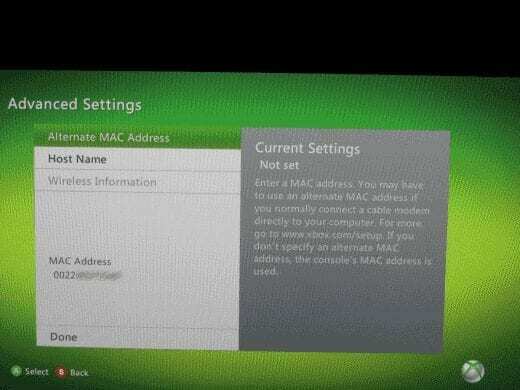 Bildschirm mit der MAC-Adresse der Xbox 360