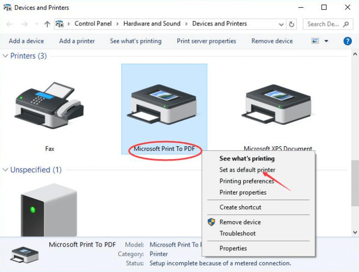 Enheder og printere - Microsoft Print til Pdf