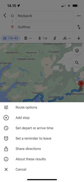 Screenshot, der zeigt, wie man eine neue Route in Google Maps hinzufügt