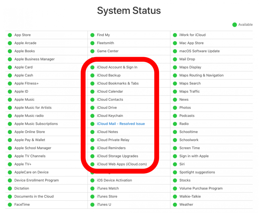 Statusseite des Apple-Systems