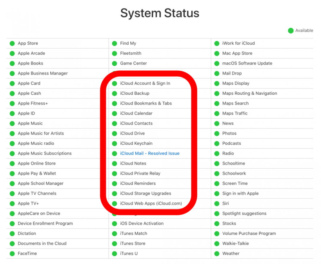 pagina di stato del sistema Apple