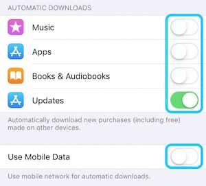 צילום מסך של אפשרויות ההורדות האוטומטיות בהגדרות iTunes ו-App Store.