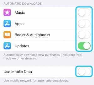 สกรีนช็อตของตัวเลือกการดาวน์โหลดอัตโนมัติในการตั้งค่า iTunes & App Store