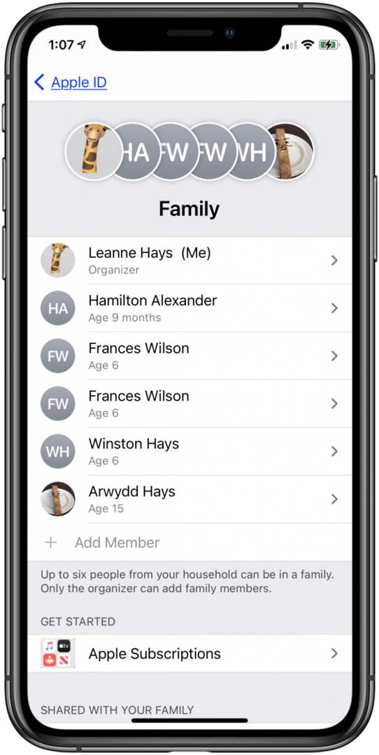 Seznam Apple Family Sharing
