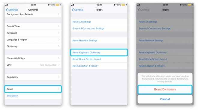 [キーボード辞書のリセット]オプションに移動するiPhoneからの3つのスクリーンショット