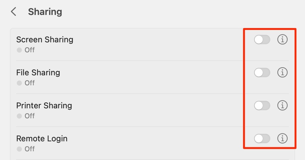 Екранна снимка, показваща превключвателите на настройката за споделяне на Mac