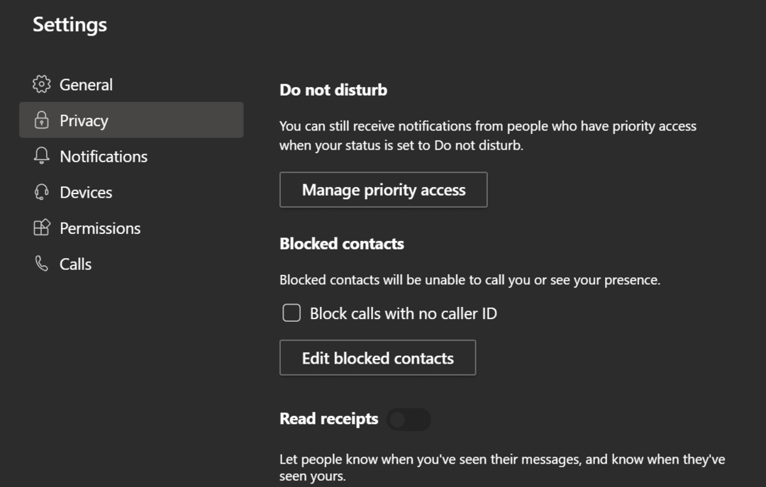impostazioni sulla privacy di Microsoft Teams
