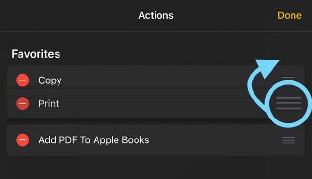 flytta utskriften till dina delade ark favoritåtgärder iOS 13 och IPadOS