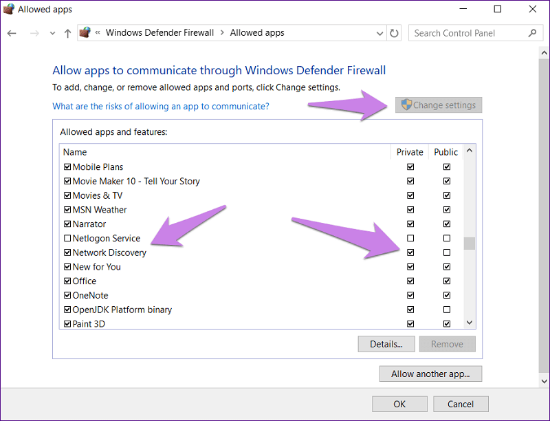 ค้นหาการค้นพบเครือข่ายในแอพที่อนุญาตของไฟร์วอลล์ Windows Defender