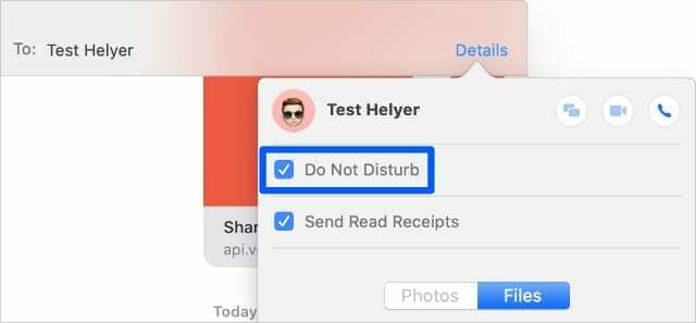 Не безпокойте в квадратчето за отметка в прозореца с подробности на приложението Messages за заглушаване на отделни текстове на Mac