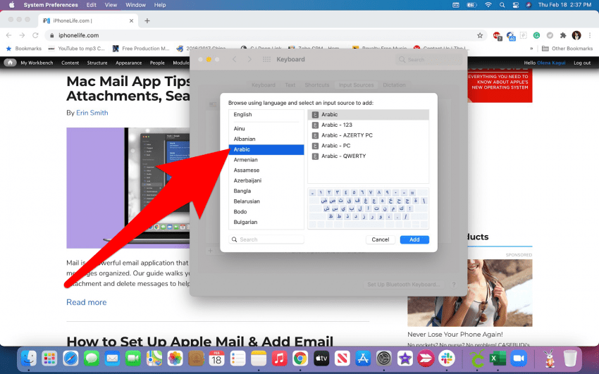 เลือกภาษาที่คุณต้องการเพิ่มลงในแป้นพิมพ์ Mac ของคุณ