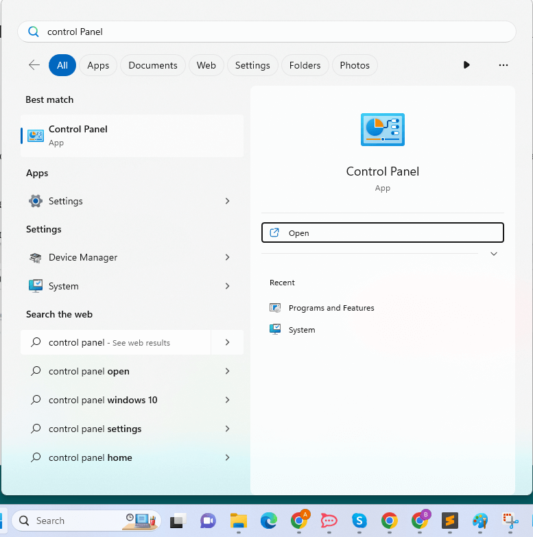 Rechercher dans le panneau de configuration de Windows 11