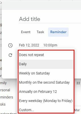 Opções de tarefas do Google Agenda