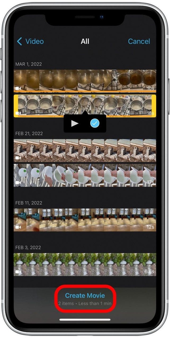 Када означите све жељене видео снимке, додирните Креирај филм на дну екрана. Испод овога можете видети број ставки које сте означили и укупну дужину комбинованог видеа.