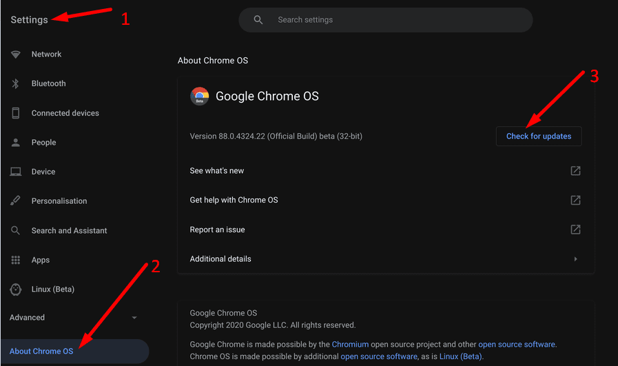 päivitä chrome OS