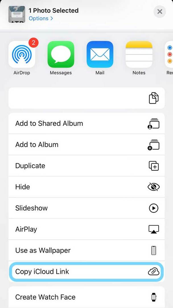 iOS 13 og iPadOS Kopier iCloud Photo Link