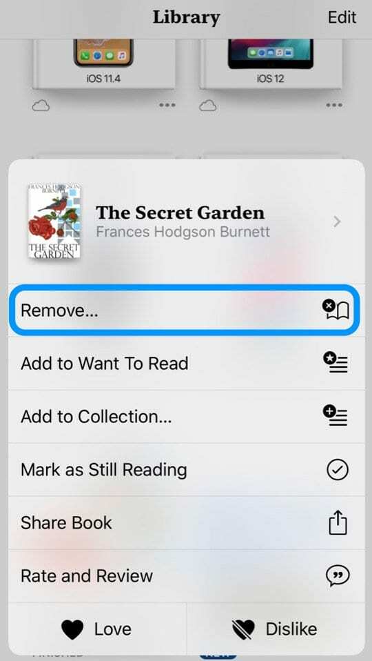 Apple Books 앱에서 옵션 제거