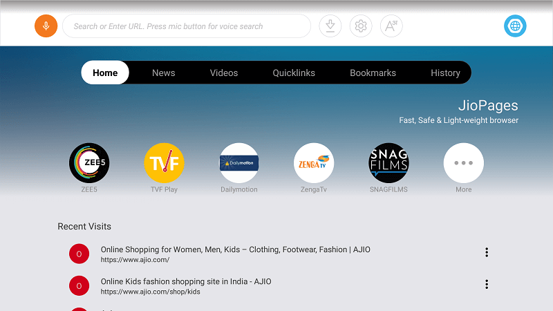 Navegador web JioPagesTV