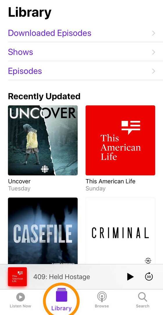 iPhone용 팟캐스트 앱의 라이브러리 탭 