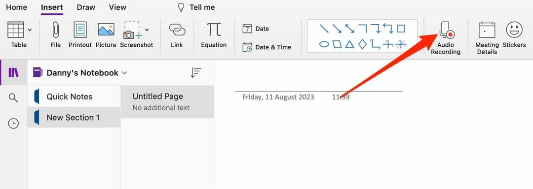 Tab Sisipkan dan Rekaman Audio di Tangkapan Layar OneNote