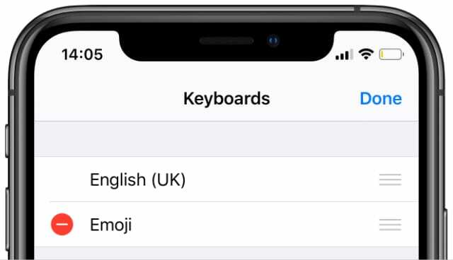 إعدادات لوحة المفاتيح على iPhone مع خيار إزالة Emoji