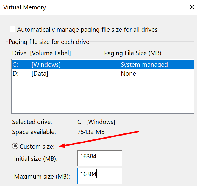 dimensiune personalizată a memoriei virtuale