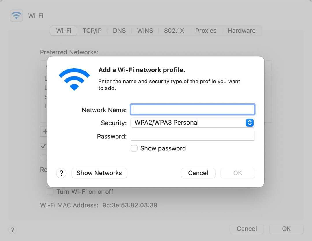 Mac에서 Wi-Fi 네트워크 세부 정보를 입력하는 방법을 보여주는 스크린샷