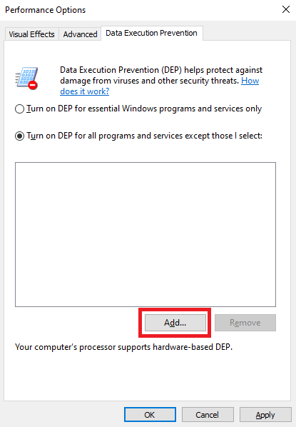Ενεργοποιήστε το DEP για όλα τα προγράμματα και τις υπηρεσίες εκτός από - Προσθήκη