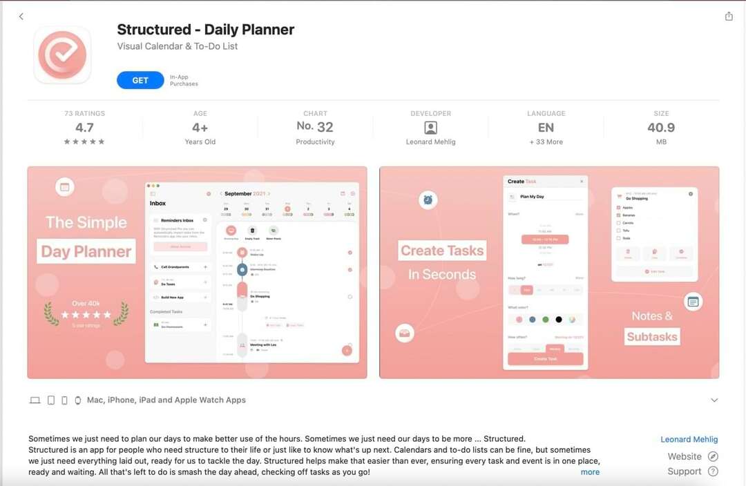 Captură de ecran a aplicației Structured din App Store