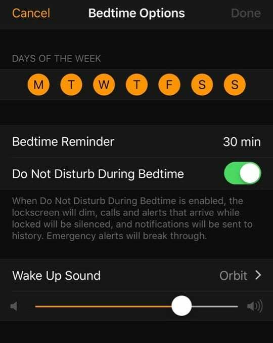 Optionen für die Schlafenszeit der Uhr-App
