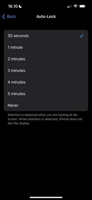 Skjermbilde som viser de forskjellige tidsalternativene i iOS Auto-Lock