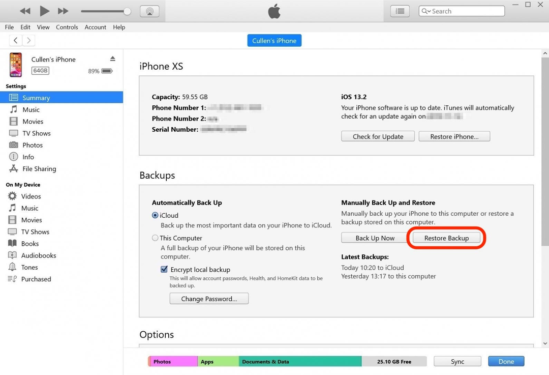 restaurer la sauvegarde de l'iphone iTunes