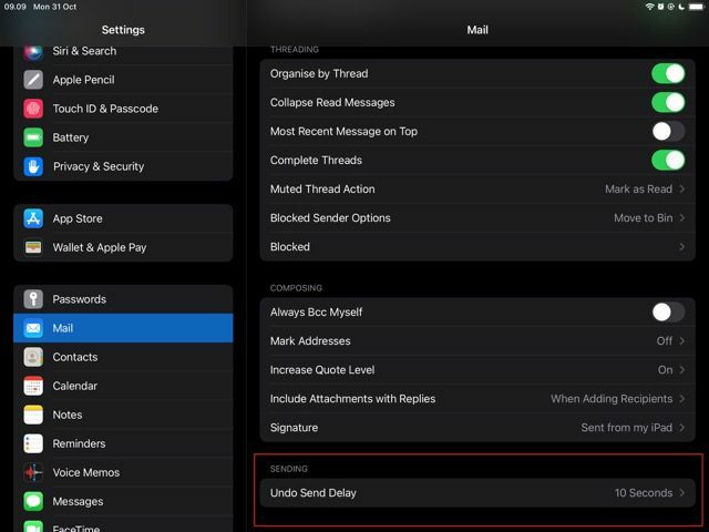 Kako spremeniti zakasnitev razveljavitve pošiljanja na iPadu